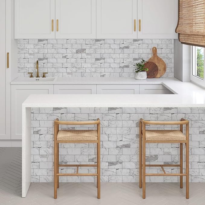 Vamos Tile 4-Piece Glossy Statury White Peel and Stick Backsplash Tile | 3''x6'' PVC Subway Tile with Dark Gray Grout, Stick on Backsplash for Kitchen/Bathroom/Fireplace/Laundry/Camper