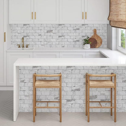 Vamos Tile 4-Piece Glossy Statury White Peel and Stick Backsplash Tile | 3''x6'' PVC Subway Tile with Dark Gray Grout, Stick on Backsplash for Kitchen/Bathroom/Fireplace/Laundry/Camper