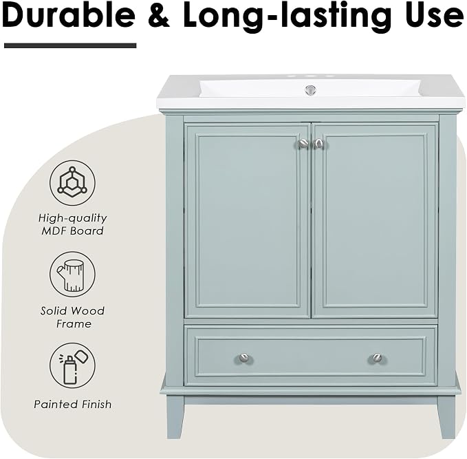 30" Bathroom Vanity with Sink Combo,Doors and Drawer,Solid Wood Cabinets Basin Vessel Set w/Adjustable Shelf & Metal Overflow,Stainless Steel Hinges,Green