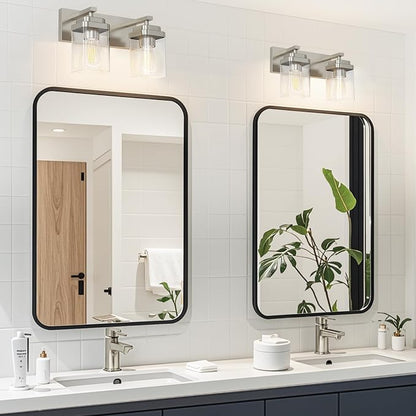 Brushed Nickel Bathroom Light Fixtures, 2 Lights Bathroom Lighting Fixtures Over Mirror, Square Design & Rectangle Large Backplate, Modern Vanity Lighting Fixtures, for Living Room/Bedroom