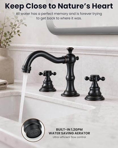 gotonovo 3 Hole 8’’ Widespread Bathroom Sink Faucet Oil Rubbed Bronze | Vintage Bathroom Faucet,2 Cross Handle,6-16’’ Sink,Vanity,Basin,RV,Farmhouse,SUS304,24’’ cUPC Hose Pop Up Drain,Deck Mount