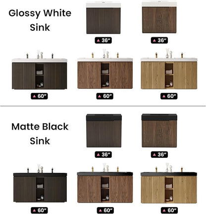 36" Bathroom Vanity with Sink Combo, Mid Century Modern Bathroom Cabinet with Doors & Open Shelf, Matte Black Integrated Sink with Overflow, Brown Walnut