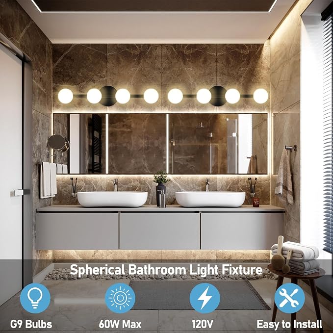Lightdot 4 Light Bathroom Vanity Light, 26" Modern Black Vanity Lights with Globe Water/Shatterproof PC Lampshade, Rust-Proof Bathroom Light Fixtures Over Mirror for Kitchen Hallway Cabinet Porch
