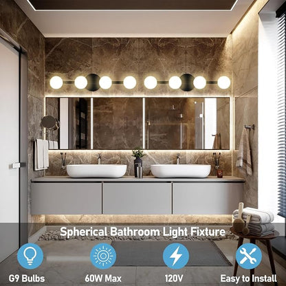 Lightdot 4 Light Bathroom Vanity Light, 26" Modern Black Vanity Lights with Globe Water/Shatterproof PC Lampshade, Rust-Proof Bathroom Light Fixtures Over Mirror for Kitchen Hallway Cabinet Porch