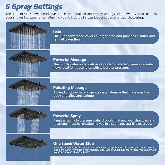 Hibbent 5-Mode 13" Rain Shower head, 4-Spray Handheld Shower, Matte Black | cUPC Certified High Pressure Showerhead Combo, All Metal 4-way Diverter Extension Arm & Handheld Spray, 71'' Hose & Holder