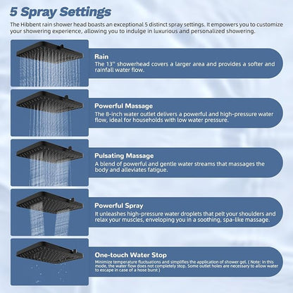 Hibbent 5-Mode 13" Rain Shower head, 4-Spray Handheld Shower, Matte Black | cUPC Certified High Pressure Showerhead Combo, All Metal 4-way Diverter Extension Arm & Handheld Spray, 71'' Hose & Holder