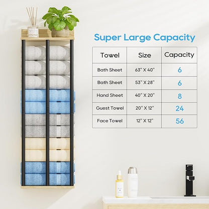 Towel Racks for Bathroom Wall Mounted, 3 Bar Wall Towel Rack for Rolled Towels, Metal Towel Holder with Wooden Shelf, Sturdy and Large Capacity, Towel Storage Organizer