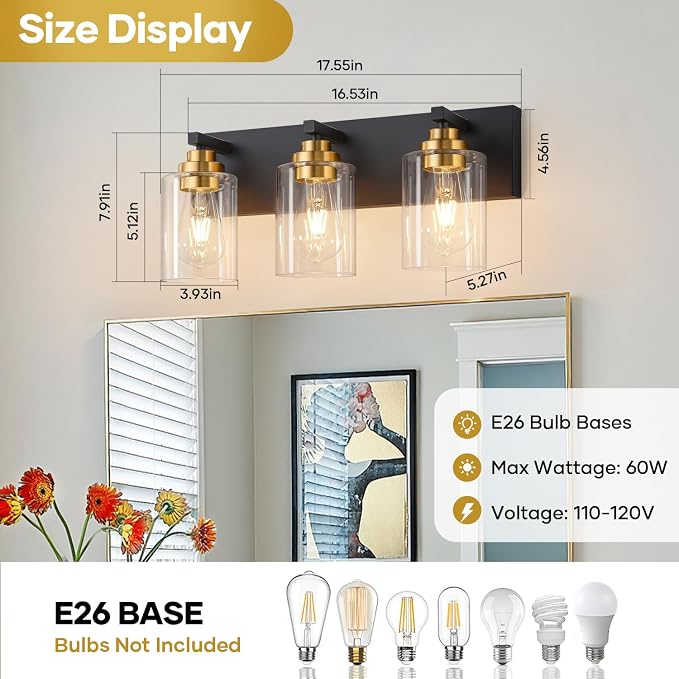 Vanity Lights for Bathroom, 3-Light Black and Gold Bathroom Vanity Light Over Mirror with Clear Glass Shades, Modern Bathroom Light Fixtures for Living Room Hallway Cabinet (Bulbs Not Included)