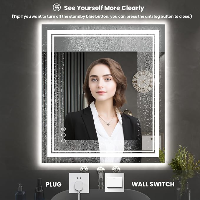 32x36 Inch LED Bathroom Mirror with Lights | Front and Backlit, 3 Colors, Dimmable, Memory, Anti Fog, Shatterproof, Horizontal/Vertical, Lighted Mirrors for Bathroom Wall