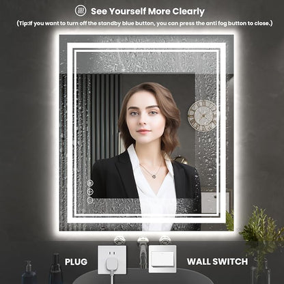 32x36 Inch LED Bathroom Mirror with Lights | Front and Backlit, 3 Colors, Dimmable, Memory, Anti Fog, Shatterproof, Horizontal/Vertical, Lighted Mirrors for Bathroom Wall
