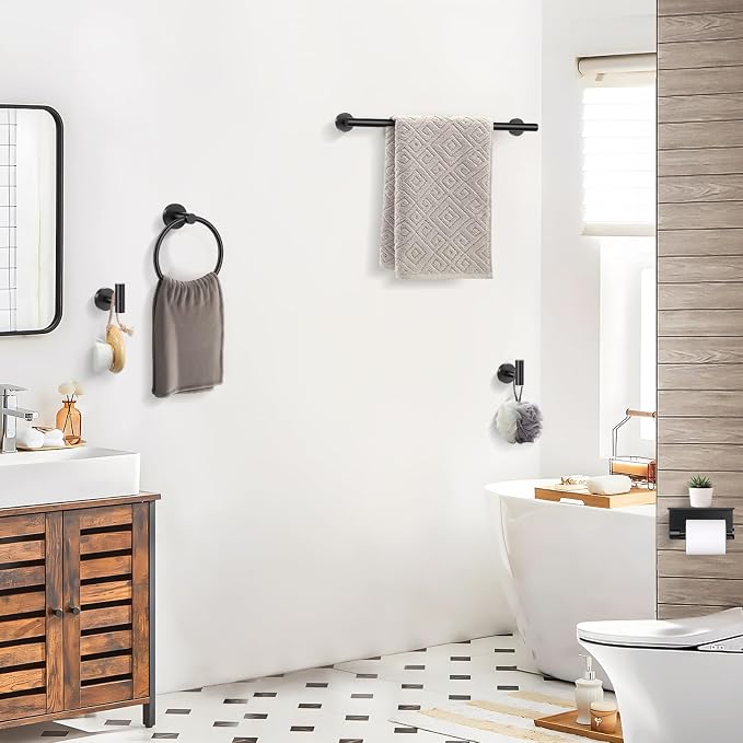 TQKAG Bathroom Hardware Set Black, 5 Piece Bathroom Towel Bar Holder Sets | SUS304 Stainless Steel, 23.6" Toilet Paper Holder with Shelf, Towel Racks for Bathroom Wall Mounted, Matt Black Towel Bars