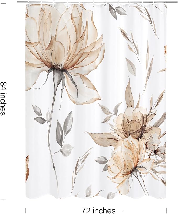 Litabel Extra Long Boho Watercolor Floral Shower Curtain 72 x 84, Light Brown and Grey Ink Painting Style Flower Shower Curtains for Chic Elegant Bathroom, Artistic XL Fabric Cloth Shower Curtain