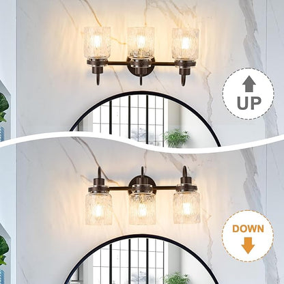3 Lights Bathroom Vanity Light, Oil Rubbed Bronze Bathroom Light Fixtures with Hammered Glass Lampshade for Dressing Table,Over Mirror,Hallway