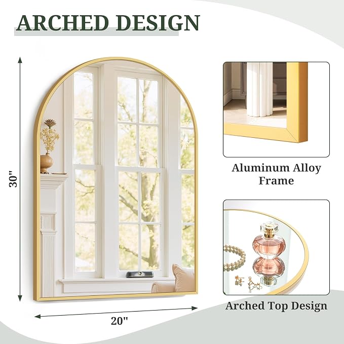 Arched Wall Mirror 30x20 Inch Gold Bathroom Vanity Mirror with Metal Frame | Modern Arch Mirror for Bedroom, Living Room, Entryway, Wall Mounted Decorative Mirror