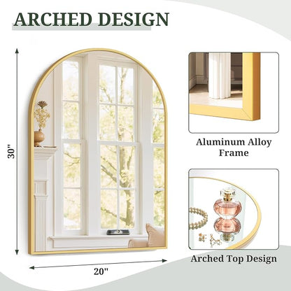 Arched Wall Mirror 30x20 Inch Gold Bathroom Vanity Mirror with Metal Frame | Modern Arch Mirror for Bedroom, Living Room, Entryway, Wall Mounted Decorative Mirror