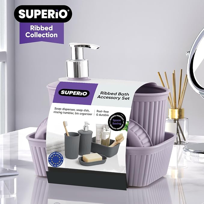 Superio Ribbed Collection - Decorative Plastic Bathroom Accessories Set, Lilac Purple (Set of 4) Soap Dish, Liquid Dispenser, Toothbrush Holder Cup, Vanity Organizer Tray - Bathroom Decor Gift