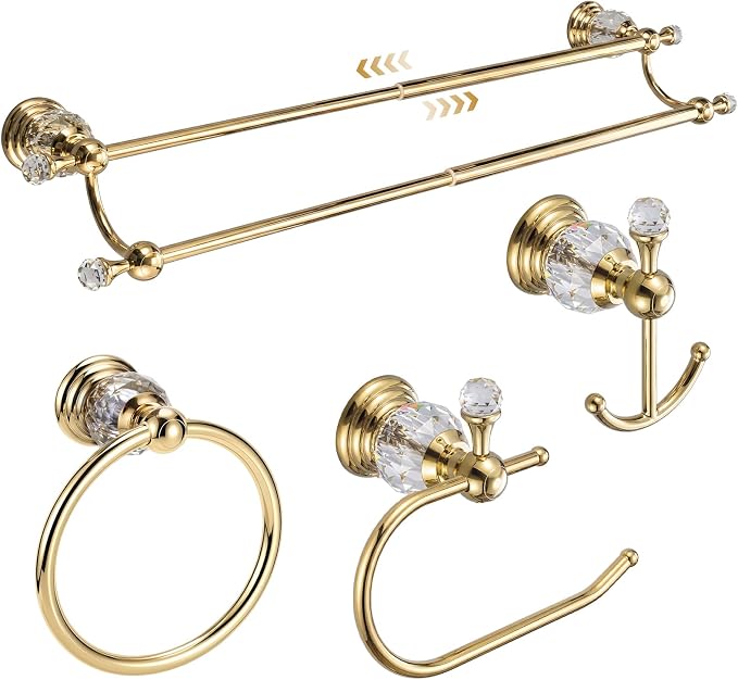 4 Pcs Polished Gold Crystal Bathroom Accessories Set with Adjustable Double Towel Bar & Towel Ring & Toilet Paper Holder & Robe Hook, Wall Mounted Bath Hardware Fixture Set (Style 10)