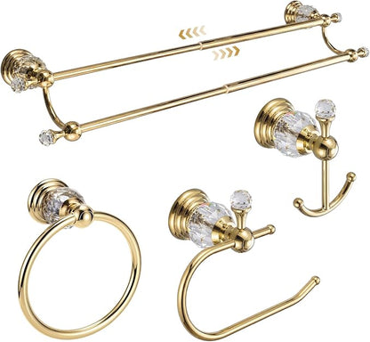 4 Pcs Polished Gold Crystal Bathroom Accessories Set with Adjustable Double Towel Bar & Towel Ring & Toilet Paper Holder & Robe Hook, Wall Mounted Bath Hardware Fixture Set (Style 10)