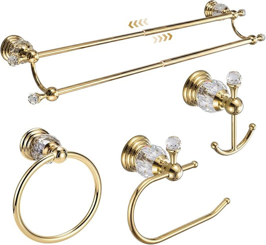 4 Pcs Polished Gold Crystal Bathroom Accessories Set with Adjustable Double Towel Bar & Towel Ring & Toilet Paper Holder & Robe Hook, Wall Mounted Bath Hardware Fixture Set (Style 10)