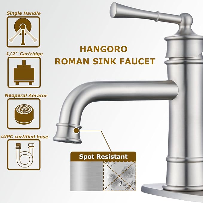 Brushed Nickel Bathroom Faucet Antique, Single Handle Bathroom Faucet | 1 or 3 Hole Sink Mount, Pop Up Drain & Supply Lines Included, Ideal for Vanity, Lavatory, RV, Farmhouse(L2301-BN)
