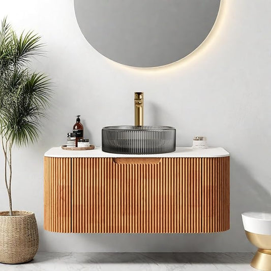 36" Floating Bathroom Vanity with Sink, Modern Bathroom Storage Cabinet with Transparent Black Glass Basin and Marble Top, Extra Large Storage Drawer, Soft-Close Design, Nature Wood