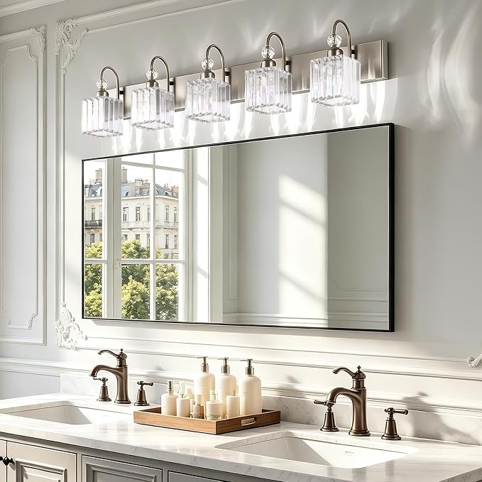 Ralbay Brushed Nickel Bathroom Vanity Light Crystal Modern 5 Light Bathroom Wall Lighting Fixtures Over Mirror