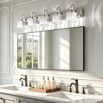 Ralbay Brushed Nickel Bathroom Vanity Light Crystal Modern 5 Light Bathroom Wall Lighting Fixtures Over Mirror