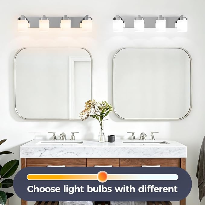 Modern Bathroom Vanity Lights, Bathroom Light Fixtures Over Mirror | 4-light chrome light fixture bathroom with milky white square glass shade, 29" farmhouse lighting fixtures lights for wall