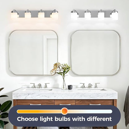 Modern Bathroom Vanity Lights, Bathroom Light Fixtures Over Mirror | 4-light chrome light fixture bathroom with milky white square glass shade, 29" farmhouse lighting fixtures lights for wall