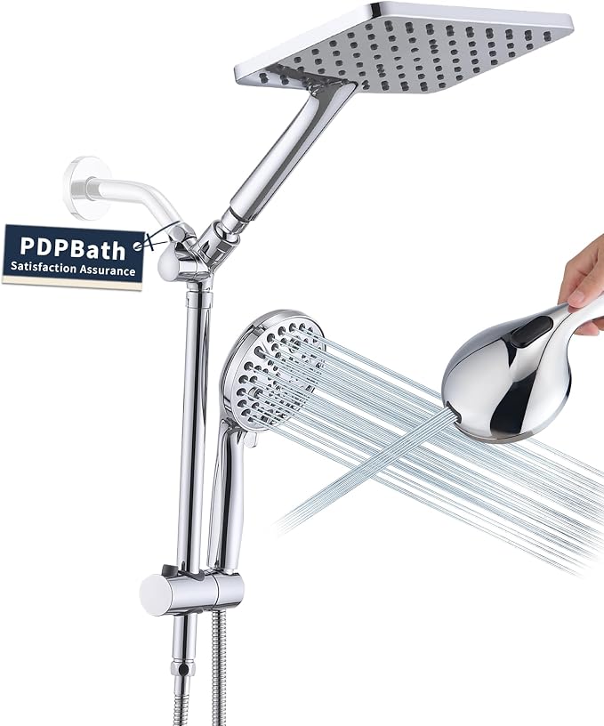 PDPBath High Pressure Rainfall Shower Head with Handheld Combo, Height Adjustable Dual Handheld Shower Head Combo with Slide Bar for Easy Reach, Chrome