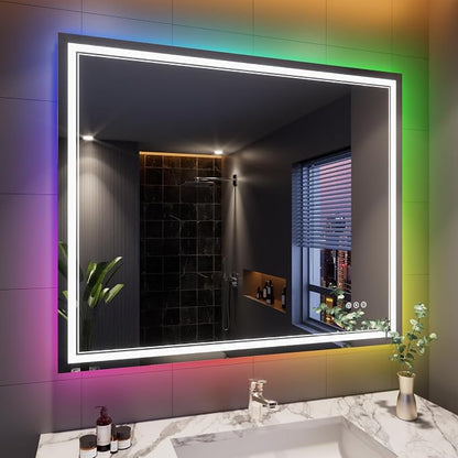 48x40 Inch RGB LED Bathroom Mirror with Lights | Front and RGB Backlit, Dimmable, Memory, Anti Fog, Shatterproof, Horizontal/Vertical, Lighted Mirrors for Bathroom Wall