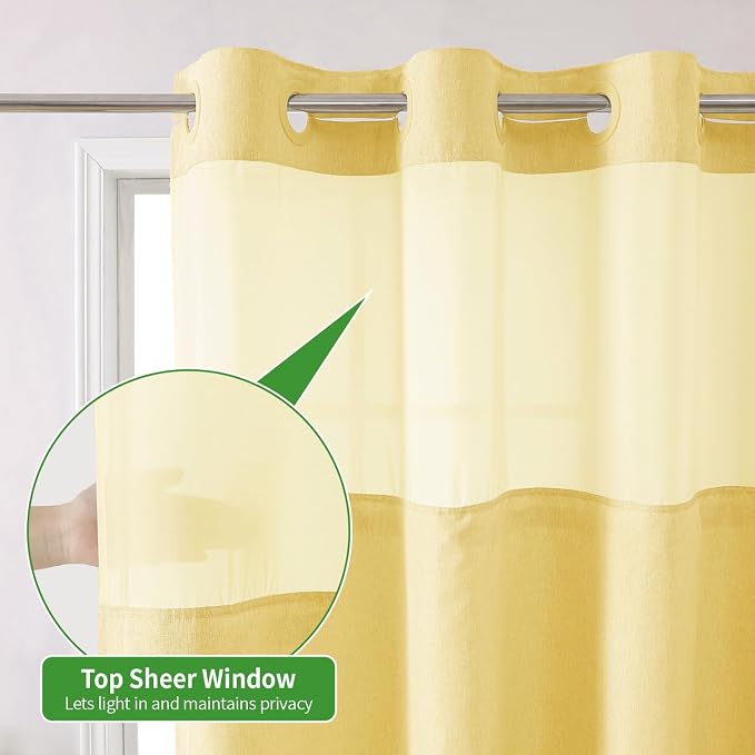 eachope No Hook Linen Texture Shower Curtain with Snap-in Liner,71x86 Gold | Extra Long,230GSM Thick Fabric,Hotel Luxury Decor,Mesh Top Window,Bottom Magnetic,Waterproof & Machine Washable,for Bathroom