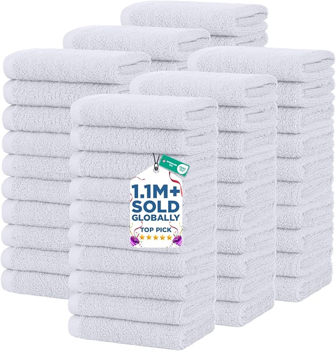 DAN RIVER 60 Pack Wash Cloths for Showering [12x12] - 100% Cotton Washcloths Premium Quality Flannel Face Cloths for Bathroom, Highly Absorbent and Soft Feel Wash Clothes, White