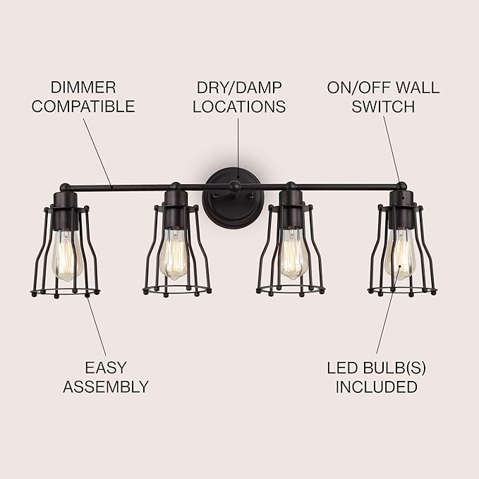 JONATHAN Y 29.5" Oil Rubbed Bronze Modern Industrial Metal Vanity Light, Bathroom Sconce for Mirror, Reversible 4-Light Wall Lamp with Metal Cage Shade for Hallway, LED Bulb Included (JYL7422A)