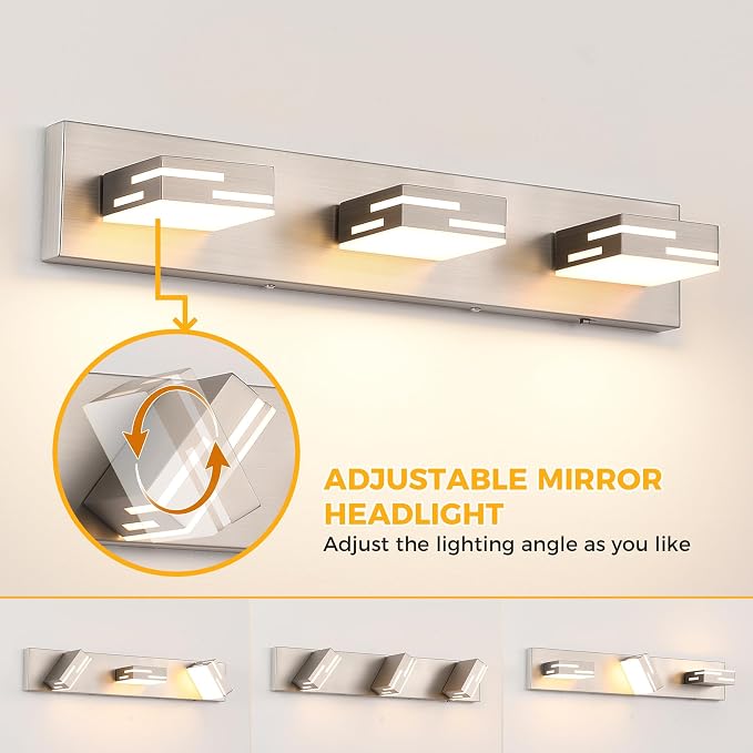 3-Light 5CCT Modern Bathroom Vanity Light Fixtures, 24-Inch 350° Rotatable LED Vanity Lights Over Mirror, Dimmable Brushed Nickel Wall Sconce with Frosted Acrylic Shade