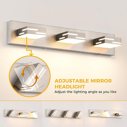 3-Light 5CCT Modern Bathroom Vanity Light Fixtures, 24-Inch 350° Rotatable LED Vanity Lights Over Mirror, Dimmable Brushed Nickel Wall Sconce with Frosted Acrylic Shade