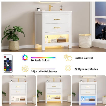 Bathroom Vanity with Sink, 24 Inch Small Bathroom Storage Cabinet with Double Drawers, Freestanding Modern Bathroom Cabinet with Open Bottom Shelf & LED Light, White