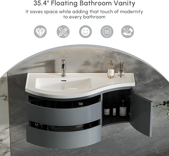 Floating Bathroom Vanity with Sink, 35.4" Modern Curved Bathroom Vanity, Wall Mounted Half-Circle Bathroom Cabinet, White&Gray Blue, Left-Hand Sink