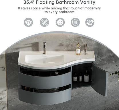 Floating Bathroom Vanity with Sink, 35.4" Modern Curved Bathroom Vanity, Wall Mounted Half-Circle Bathroom Cabinet, White&Gray Blue, Left-Hand Sink