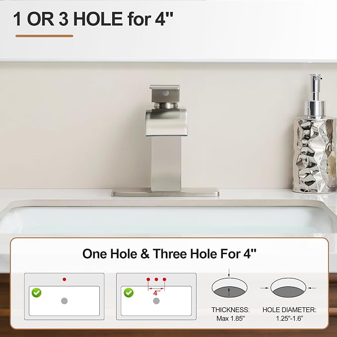 Waterfall Bathroom Faucet, Single Handle Brushed Nickel Sink Faucet 1 Hole or 3 Hole for Lavatory, Washbasin, Vanity, Commercial, with Deck, Pop-up Drain and Supply Hoses