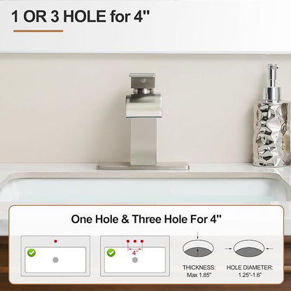 Waterfall Bathroom Faucet, Single Handle Brushed Nickel Sink Faucet 1 Hole or 3 Hole for Lavatory, Washbasin, Vanity, Commercial, with Deck, Pop-up Drain and Supply Hoses