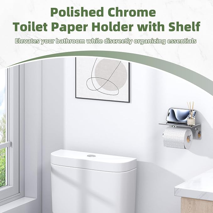 Polished Chrome Toilet Paper Holder with Phone Shelf, Wall Mounted | Sturdy 304 Stainless Steel, Fits Bathroom, Restroom, Powder Room, Heavy Duty Paper Roll & Tablet Storage Tissue Dispenser