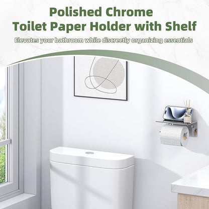 Polished Chrome Toilet Paper Holder with Phone Shelf, Wall Mounted | Sturdy 304 Stainless Steel, Fits Bathroom, Restroom, Powder Room, Heavy Duty Paper Roll & Tablet Storage Tissue Dispenser