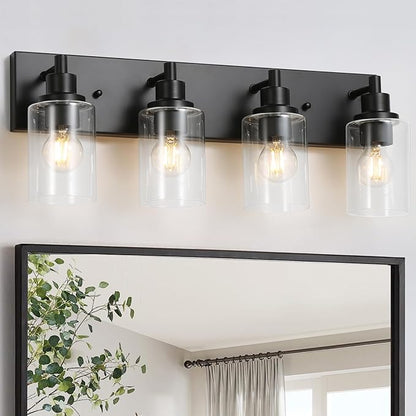 LOUSACE 4 Light Bathroom Vanity Light, Matte Black Bathroom Lighting Fixtures with Clear Glass Shade, Modern Vanity Wall Sconces over Mirror, Farmhouse Black Bath Light Fixture for Bedroom Living Room