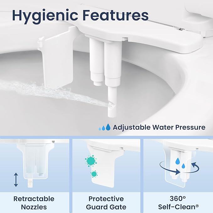 LUXE Bidet NEO 185 Plus - Dual Nozzle, Non-Electric Bidet Attachment for Toilet Seat, Patented Slide-In Install, 360° Self-Clean, EZ-Lift to Clean, Feminine & Rear Wash (Gold)