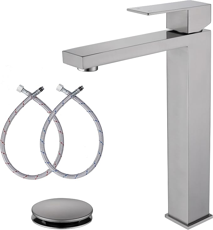 Brushed Nickel Vessel Sink Faucet, Tall Bathroom Faucet 1 Hole | Stainless Steel Single Hole Bathroom Sink Faucet, Tall Vanity Faucet with Pop Up Drain