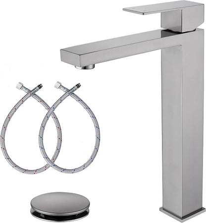 Brushed Nickel Vessel Sink Faucet, Tall Bathroom Faucet 1 Hole | Stainless Steel Single Hole Bathroom Sink Faucet, Tall Vanity Faucet with Pop Up Drain