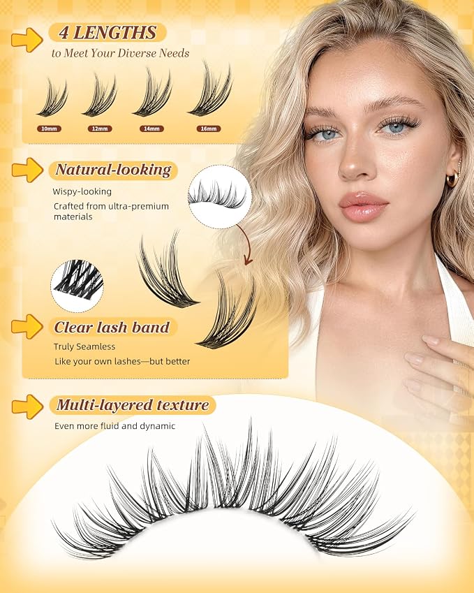 QUEWEL Lash Clusters Kit 300PCS C Curl Wispy Eyelash Clusters(JS01-Kit) | Natural Look Cluster Lashes Extensions Kit with Lash Bond and Seal and Tweezers Natural Eyelash Clusters Use at Home