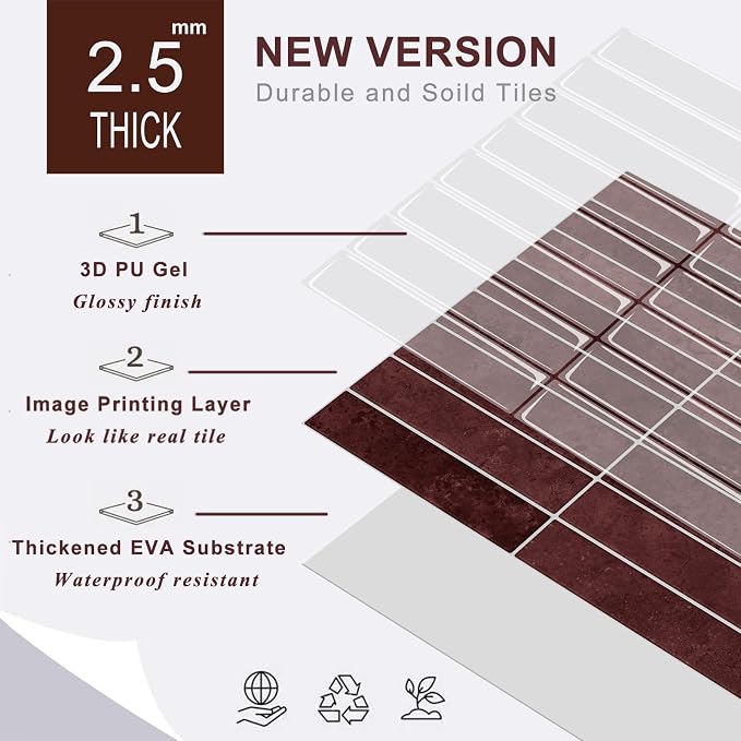 STICKGOO 10-Sheet Peel and Stick Backsplash Tile(Thicker Design) | Self Adhesive Vinyl Wall Tiles, 3D DIY Subway Tiles, Stick on Backsplash for Kitchen and Bathroom(Vintage Red)