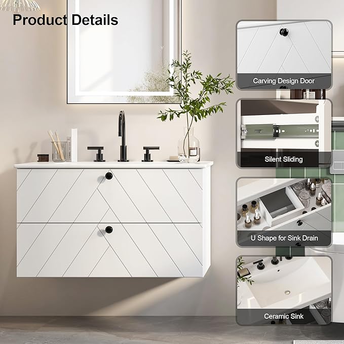 Floating Vanity with Sink 30", Bathroom Vanities Cabinet with White Ceramic Sink, 2 Large Storage Drawers with Soft-Close System, Wall Mounted, Easy Cleaning